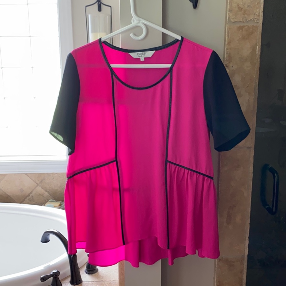 Crosby- peplum hot pink and black color block blouse Barbie Pink